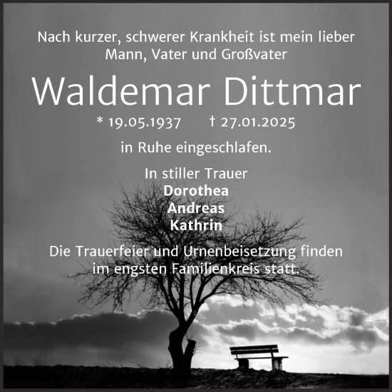 Traueranzeige von Waldemar Dittmar von Trauerkombi Sangerhausen