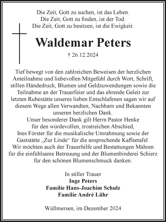 Traueranzeige von Waldemar Peters von Volksstimme Altmark West
