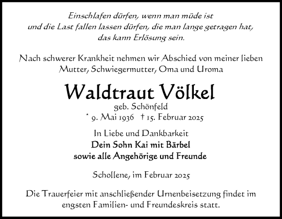 Traueranzeige von Waldtraut Völkel von Volksstimme Altmark Ost
