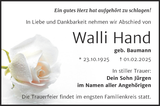 Traueranzeige von Walli Hand von Trauerkombi Bitterfeld