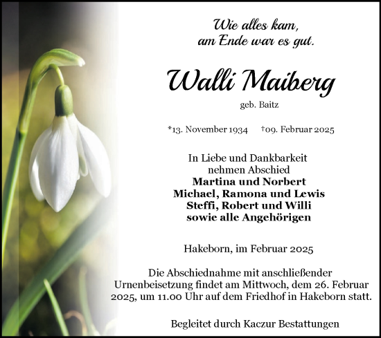 Traueranzeige von Walli Maiberg von Volksstimme Staßfurt