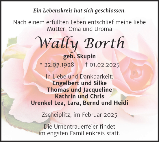 Traueranzeige von Wally Borth von Super Sonntag Naumburg/Nebra