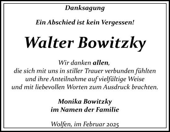 Traueranzeige von Walter Bowitzky von Trauerkombi Bitterfeld