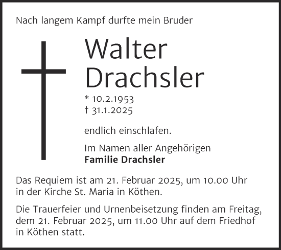 Traueranzeige von Walter Drachsler von Trauerkombi Köthen