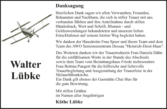 Traueranzeige von Walter Lübke von Trauerkombi Dessau