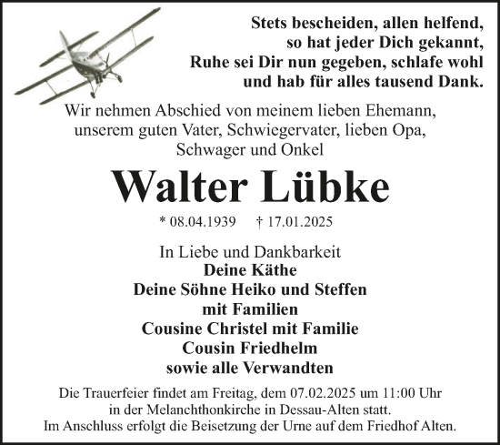 Traueranzeige von Walter Lübke von Trauerkombi Dessau