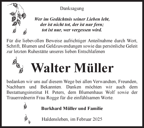 Traueranzeige von Walter Müller von Volksstimme Haldensleben/Wolmirstedt