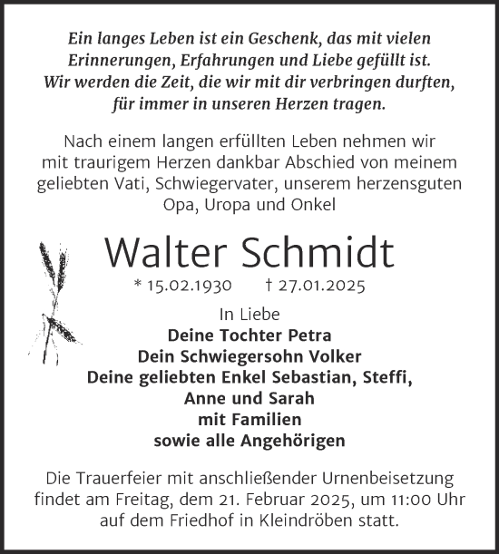 Traueranzeige von Walter Schmidt von Trauerkombi Wittenberg