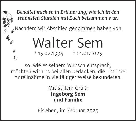 Traueranzeige von Walter Sem von Trauerkombi Mansfelder Land