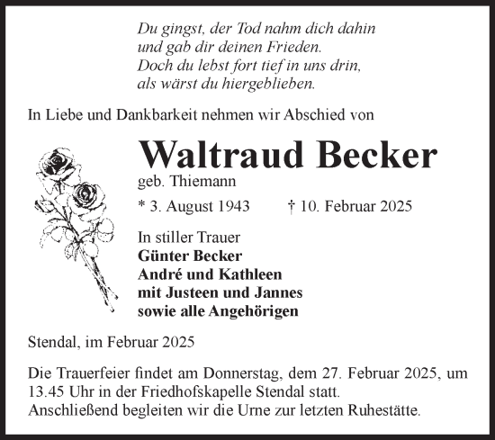 Traueranzeige von Waltraud Becker von Volksstimme Altmark Ost