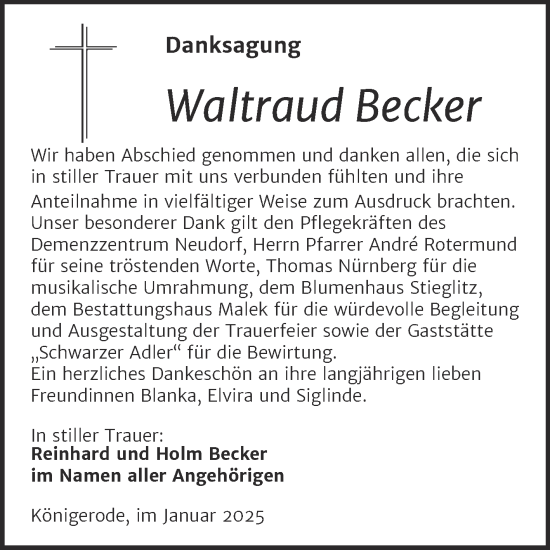 Traueranzeige von Waltraud Becker von Trauerkombi Mansfelder Land