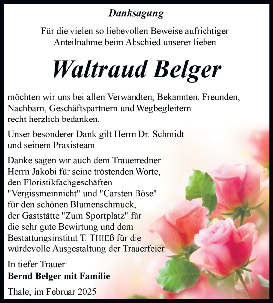 Traueranzeige von Waltraud Belger von Trauerkombi Quedlinburg