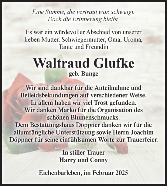 Traueranzeige von Waltraud Glufke von Volksstimme Haldensleben/Wolmirstedt