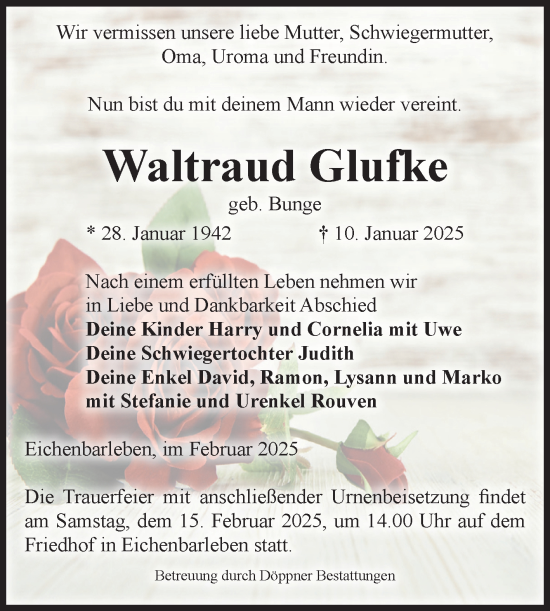 Traueranzeige von Waltraud Glufke von Volksstimme Haldensleben/Wolmirstedt