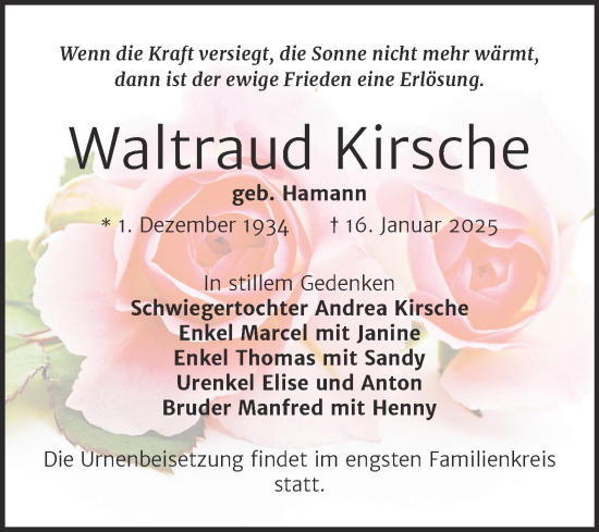 Traueranzeige von Waltraud Kirsche von Trauerkombi Zeitz