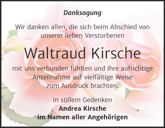 Traueranzeige von Waltraud Kirsche von Trauerkombi Zeitz