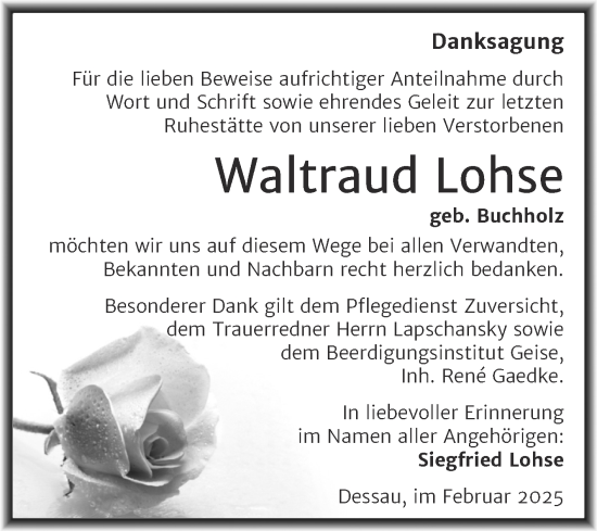 Traueranzeige von Waltraud Lohse von Trauerkombi Dessau