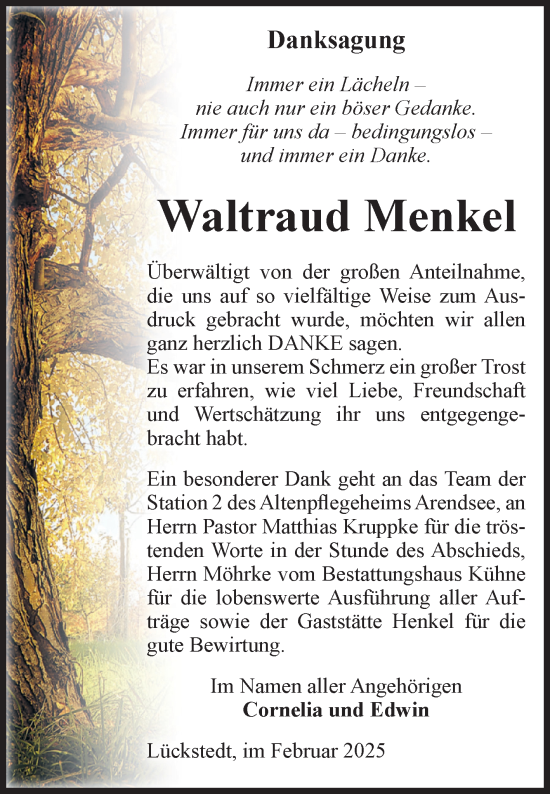 Traueranzeige von Waltraud Menkel von Volksstimme Altmark Ost