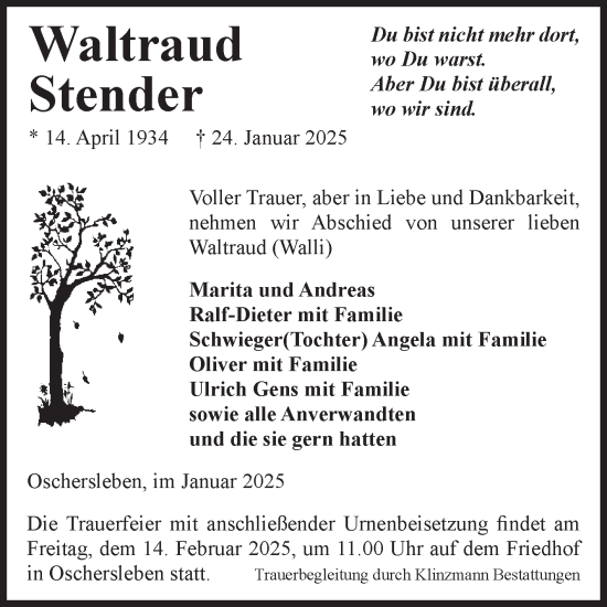 Traueranzeige von Waltraud Stender von Volksstimme Oschersleben/Wanzleben