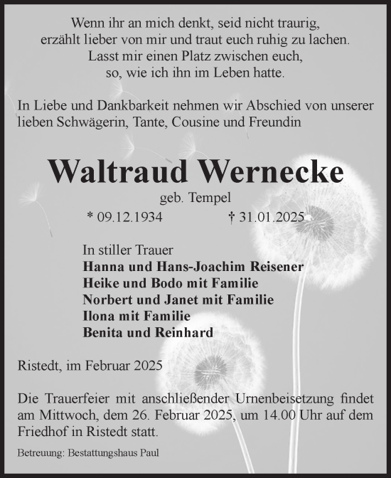 Traueranzeige von Waltraud Wernecke von Volksstimme Altmark West