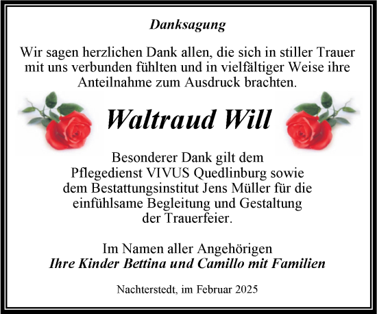 Traueranzeige von Waltraud Will von Trauerkombi Quedlinburg