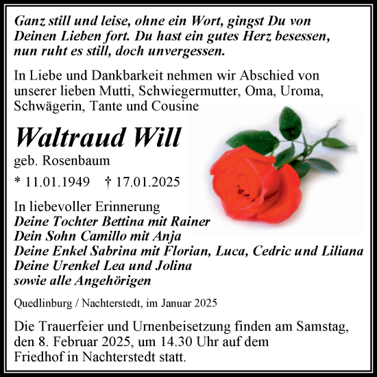 Traueranzeige von Waltraud Will von Trauerkombi Quedlinburg