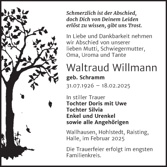 Traueranzeige von Waltraud Willmann von Trauerkombi Sangerhausen