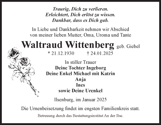 Traueranzeige von Waltraud Wittenberg von Volksstimme Wernigerode