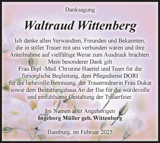 Traueranzeige von Waltraud Wittenberg von Volksstimme Wernigerode