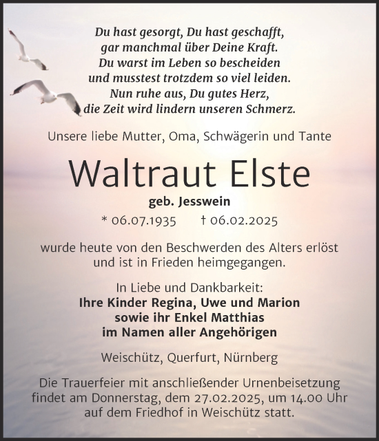 Traueranzeige von Waltraut Elste von Super Sonntag Naumburg/Nebra