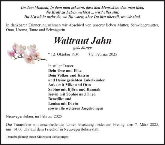 Traueranzeige von Waltraut Jahn von Volksstimme Oschersleben/Wanzleben