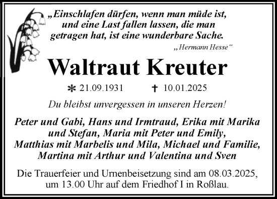 Traueranzeige von Waltraut Kreuter von Trauerkombi Dessau