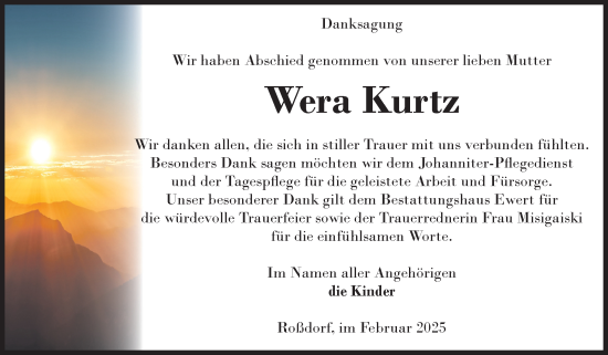 Traueranzeige von Wera Kurtz von Volksstimme Burg/Genthin