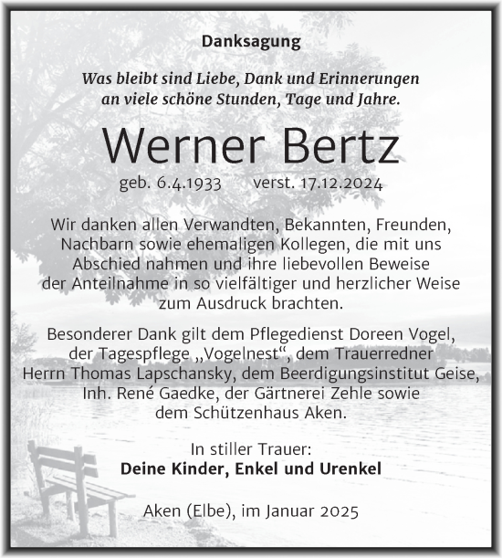 Traueranzeige von Werner Bertz von Trauerkombi Köthen