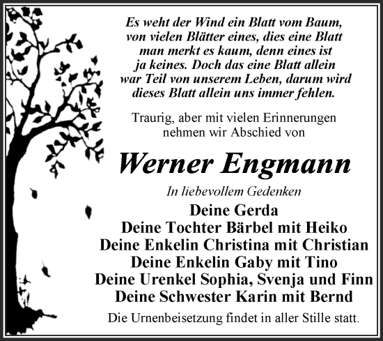 Traueranzeige von Werner Engmann von Trauerkombi Wittenberg