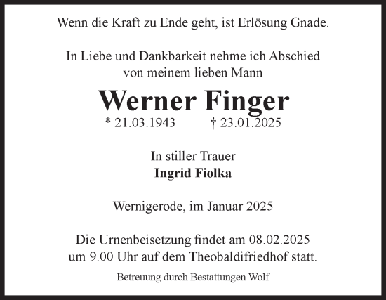 Traueranzeige von Werner Finger von Volksstimme Wernigerode