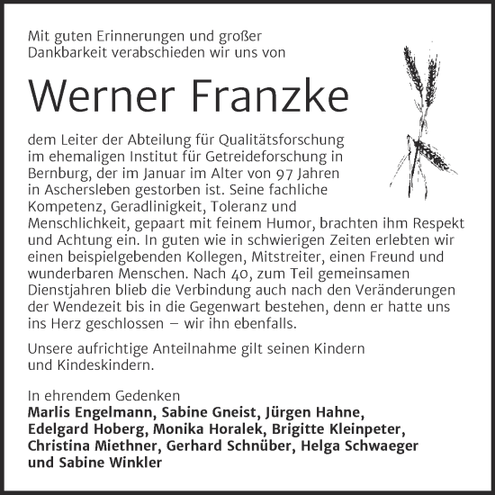 Traueranzeige von Werner Franzke von Trauerkombi Bernburg