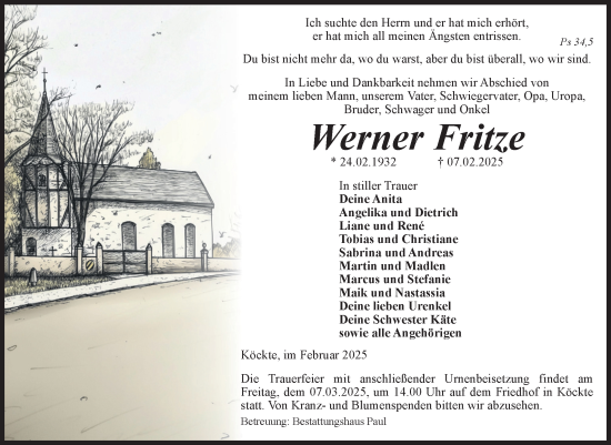 Traueranzeige von Werner Fritze von Volksstimme Altmark West