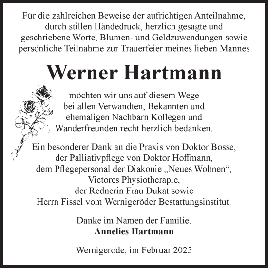 Traueranzeige von Werner Hartmann von Volksstimme Wernigerode