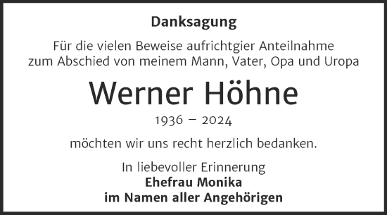 Traueranzeige von Werner Höhne von Trauerkombi Weißenfels