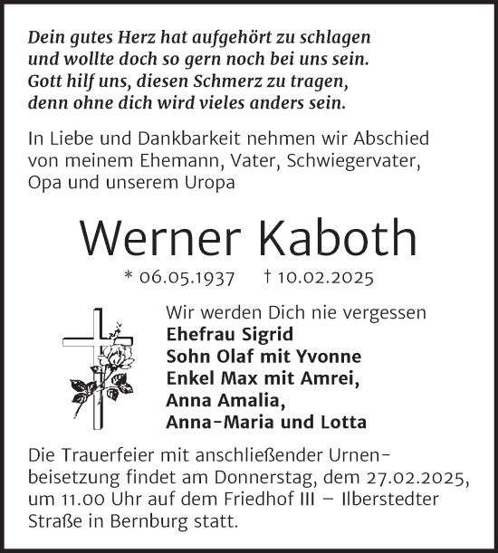 Traueranzeige von Werner Kaboth von Trauerkombi Bernburg