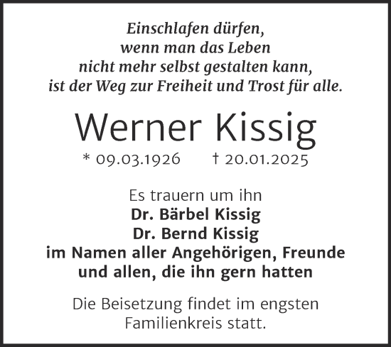 Traueranzeige von Werner Kissig von Mitteldeutsche Zeitung Halle/Saalkreis