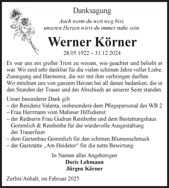 Traueranzeige von Werner Körner von Volksstimme Zerbst