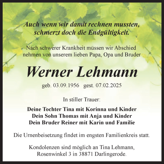 Traueranzeige von Werner Lehmann von Trauerkombi Quedlinburg