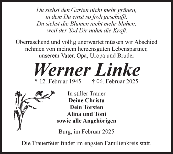 Traueranzeige von Werner Linke von Volksstimme Burg/Genthin