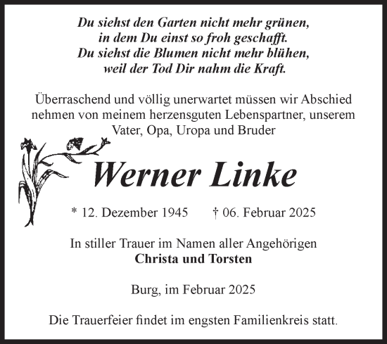 Traueranzeige von Werner Linke von Volksstimme Burg/Genthin