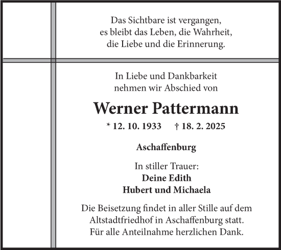 Traueranzeige von Werner Pattermann von Volksstimme Wernigerode