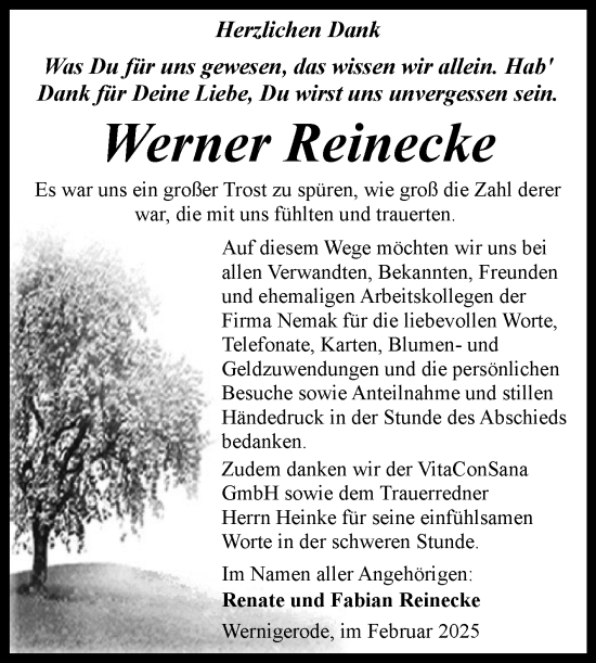 Traueranzeige von Werner Reinecke von Volksstimme Wernigerode