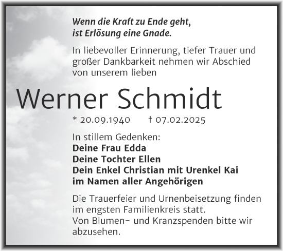 Traueranzeige von Werner Schmidt von Trauerkombi Mansfelder Land