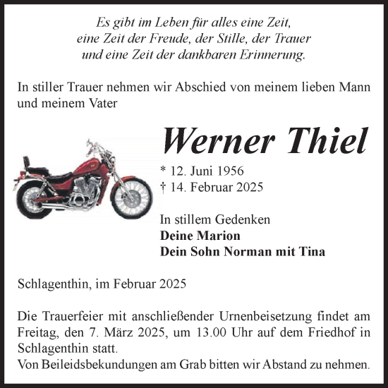 Traueranzeige von Werner Thiel von Volksstimme Burg/Genthin